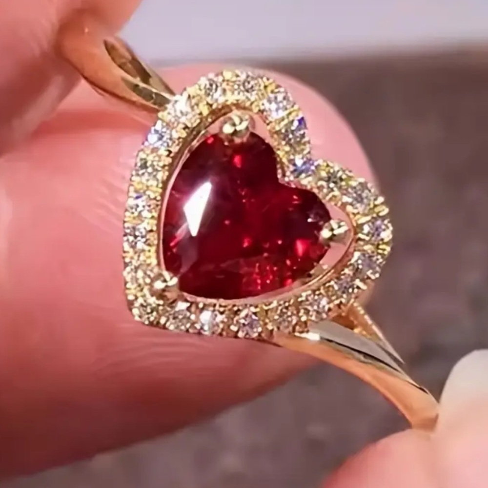Heart-Shaped Red Gemstone Halo Ring - Gold Tone